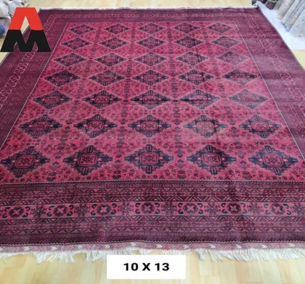 The Afghan hand-spun & hand-knotted carpets, Ethnic Afghan Red Rug, Ideal for a Farmhouse or Shabby Chic Home Decor, Perfect for a Formal Dining Room or Home Office, Large Area Rug 10 Feet X 13 Feet