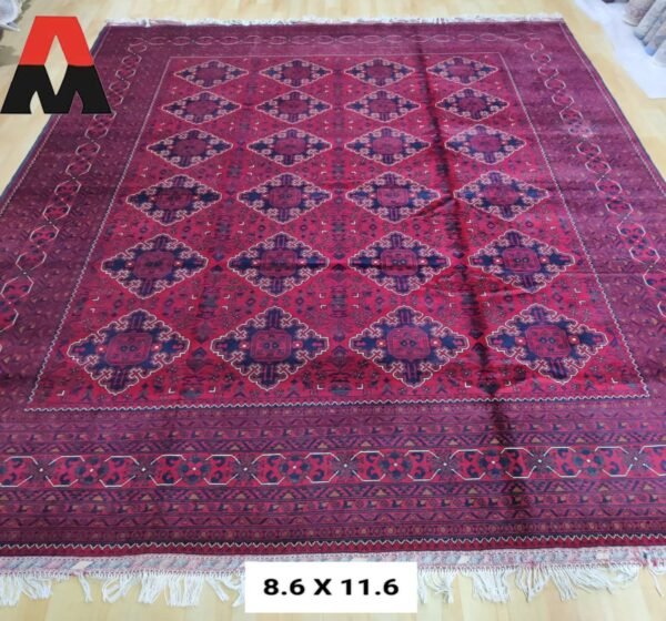 The Afghan hand-spun & hand-knotted carpets, Ethnic Afghan Red Rug, Ideal for a Farmhouse or Shabby Chic Home Decor, Perfect for a Formal Dining Room or Home Office, Large Area Rug 8.6 Feet X 11.6 Feet