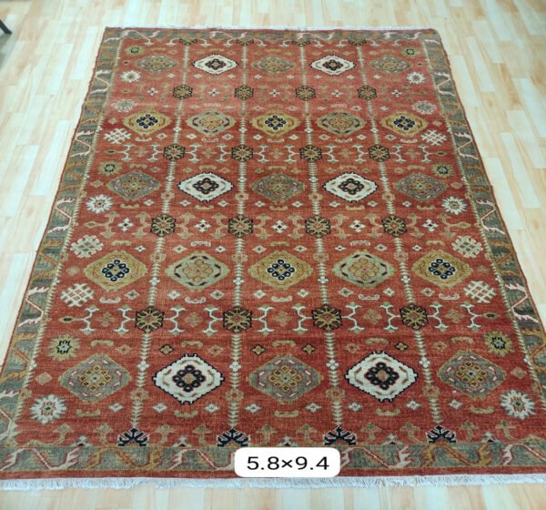 Hand Knotted Woolen Carpet 5.8 Feet X 9.4 Feet