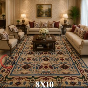 Hand Knotted Woolen Carpet from Bhadohi, India – 8 x 10 Feet Traditional Persian-Inspired Design